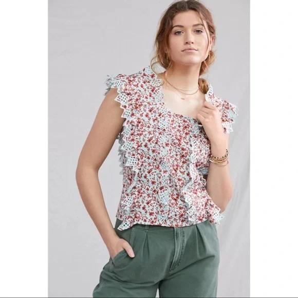 nwt ANTHROPOLOGIE trina bow blouse light blue red floral size large - Picture 4 of 7